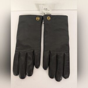 Coach Black Leather Button-Accent Gloves with Gold-Tone Logo NWT